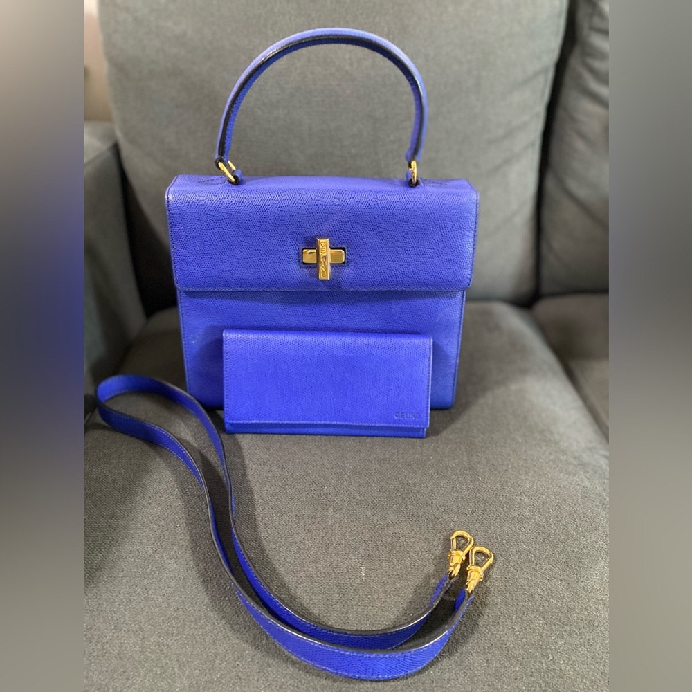 Rare Vintage CELINE Royal Blue Box Leather Clasp Kelly Bag Wallet Set